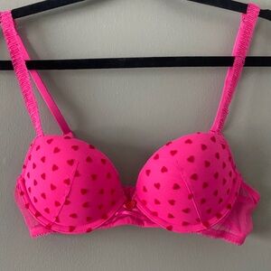 Victoria Secret Tease Pink Push Up Bra with Red Hearts, Valentines Day Size 34B